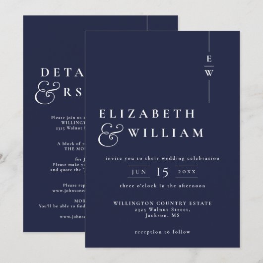 Invitation Mariage Monogramme moderne tout en un bleu marine (Devant / Derrière)