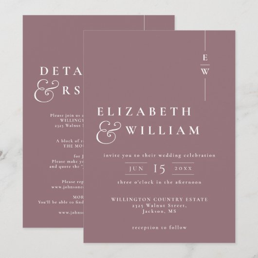 Invitation Mariage Monogramme Moderne Tout En Un Mauve (Devant / Derrière)