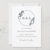 Invitation MARIAGE Monogramme nautique Vagues océaniques (Devant)