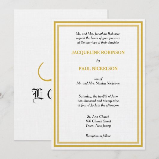 Invitation Mariage Monogramme Or Blanc (Devant / Derrière)