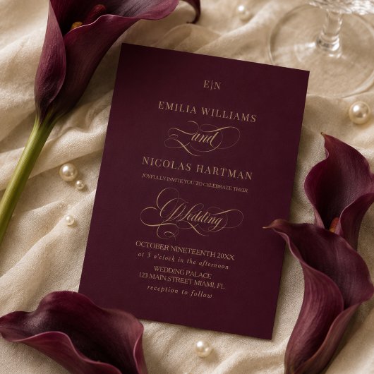 Invitation Mariage Monogramme Or Bourgogne