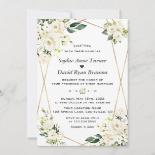 Invitation Mariage Monogramme Or Fleurs Blanches Charme