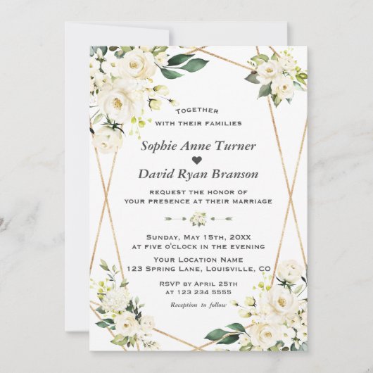 Invitation Mariage Monogramme Or Fleurs Blanches Charme (Devant)