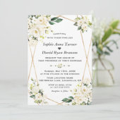 Invitation Mariage Monogramme Or Fleurs Blanches Charme (Debout devant)