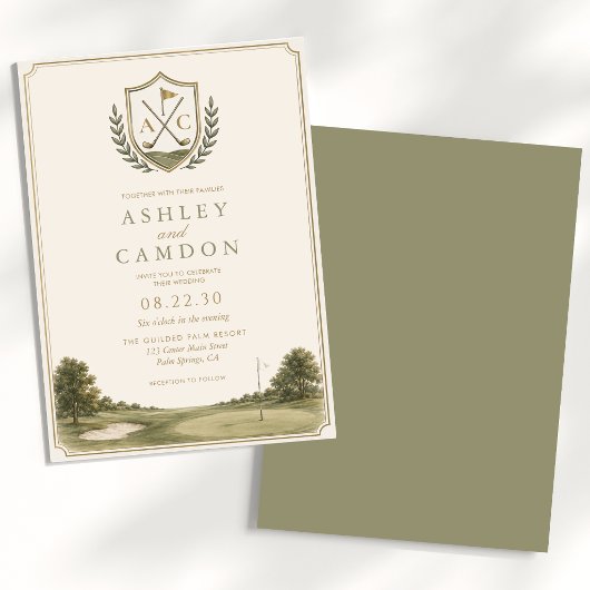 Invitation Mariage Monogramme Or Vert Sauge Golf