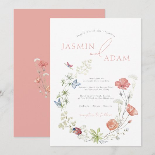 Invitation Mariage Monogramme Papillon Fleur Sauvage Corail (Devant / Derrière)