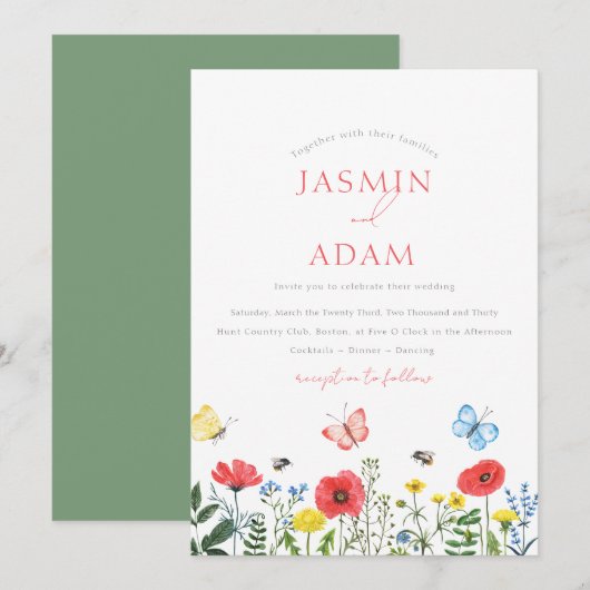 Invitation Mariage Monogramme Papillon Fleur Sauvage Rouge Fa (Devant / Derrière)