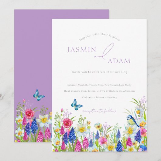 Invitation Mariage Monogramme Papillon Lavande Coloré (Devant / Derrière)