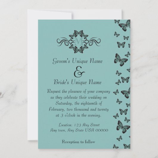 Invitation Mariage Monogramme Papillons Émeraude (Devant)