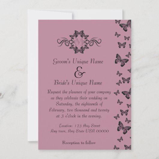 Invitation Mariage Monogramme Papillons Fuchsia (Devant)