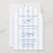 Invitation Mariage Monogramme Rayé Bleu et Blanc (Devant)