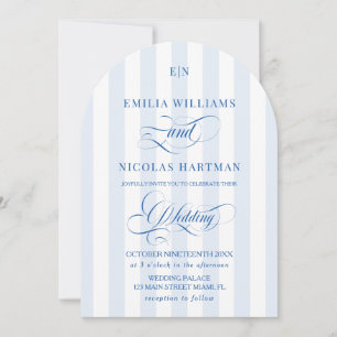 Invitation Mariage Monogramme Rayé Bleu et Blanc