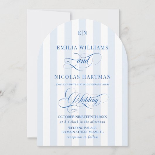 Invitation Mariage Monogramme Rayé Bleu et Blanc (Devant)