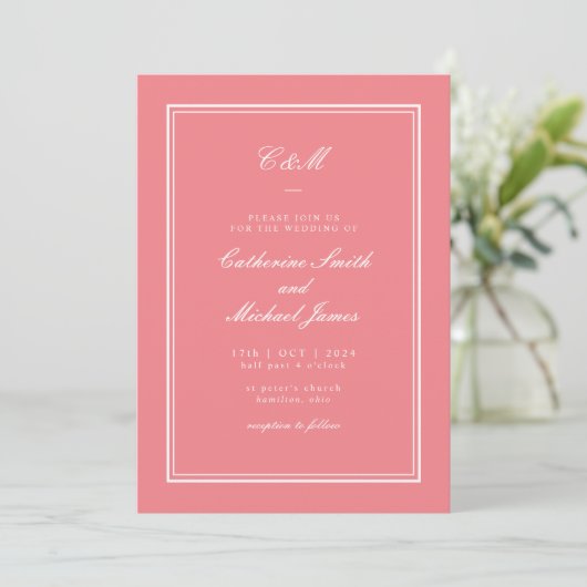 Invitation Mariage monogramme rose corail classique absolu (Debout devant)