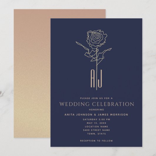 Invitation Mariage Monogrammé Rose Gold Bleu Nuit (Devant / Derrière)
