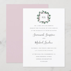 Invitation Mariage monogramme rose Magnolia Eucalyptus peint