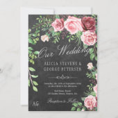 Invitation Mariage Monogramme Rose rustique Bourgogne et Blus (Devant)
