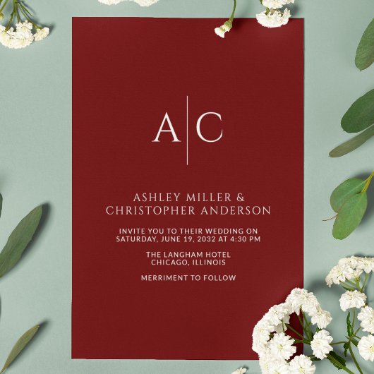 Invitation Mariage Monogramme rouge Crimson simple