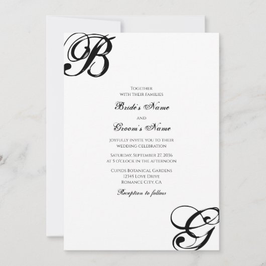 Invitation Mariage Monogramme Script Noir & Blanc (Devant)