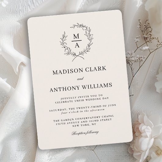 Invitation Mariage Monogramme Simple Élégant Écru Clair