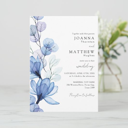 Invitation Mariage monogramme transparent bleu Dusty (Debout devant)