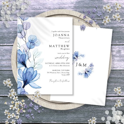 Invitation Mariage monogramme transparent bleu Dusty