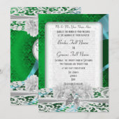 Invitation Mariage monogramme vert damassé blanc (Devant / Derrière)