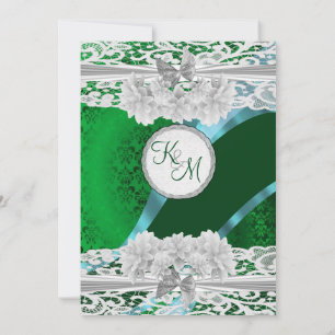 Invitation Mariage monogramme vert damassé blanc