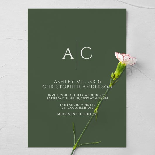 Invitation Mariage Monogramme vert de mousse foncée simple