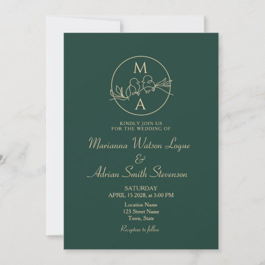 Invitation Mariage Monogramme Vert Emeraude (Devant)