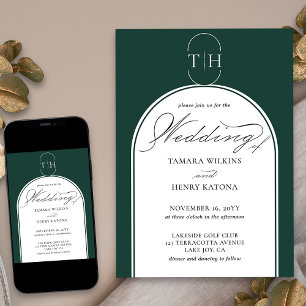 Invitation Mariage Monogramme Vert Émeraude Calligraphie Élég