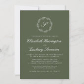 Invitation Mariage Monogramme Vert Olive Couronne Écriture Bl (Devant)