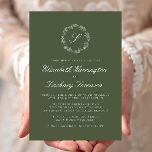 Invitation Mariage Monogramme Vert Olive Couronne Écriture Bl
