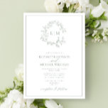 Invitation Mariage Monogramme vert Sage moderne<br><div class="desc">Nous aimons cette faire-part de mariage verte à la sauge moderne et tendance ! Simple, élégant et oh-so-joli, il présente une couronne feuilletée dessinée à la main encerclant un monogramme mariage moderne. Il est personnalisé en typographie élégante, et accentué par la calligraphie lettrée à la main. Enfin, il est taillé...</div>