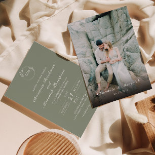 Invitation Mariage Monogramme vert simple et ronde