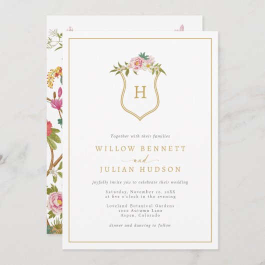 Invitation Mariage Monogramme vintage (Devant / Derrière)