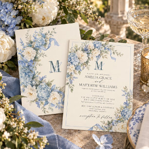 Invitation Mariage Monogramme Vintage avec Hortensia Bleu Pou