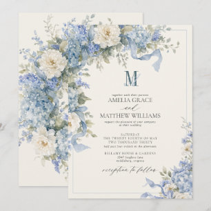 Invitation Mariage Monogramme Vintage avec Hortensia Bleu Pou