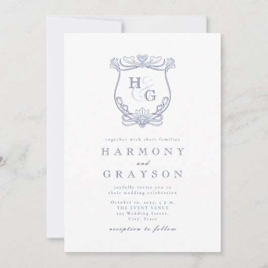 Invitation Mariage Monogramme Vintage bleu (Devant)