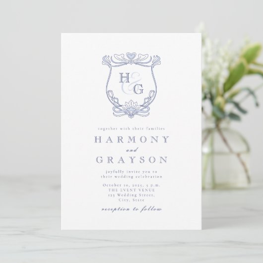 Invitation Mariage Monogramme Vintage bleu (Debout devant)
