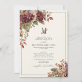 Invitation Mariage Monogramme Vintage Hydrangea Bourgogne Oli (Devant)