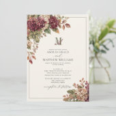 Invitation Mariage Monogramme Vintage Hydrangea Bourgogne Oli (Debout devant)