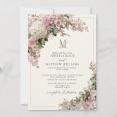 Invitation Mariage Monogramme Vintage Hydrangea Rose Poussiér (Devant)