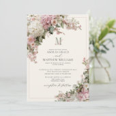Invitation Mariage Monogramme Vintage Hydrangea Rose Poussiér (Debout devant)
