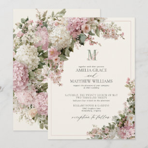 Invitation Mariage Monogramme Vintage Hydrangea Rose Poussiér