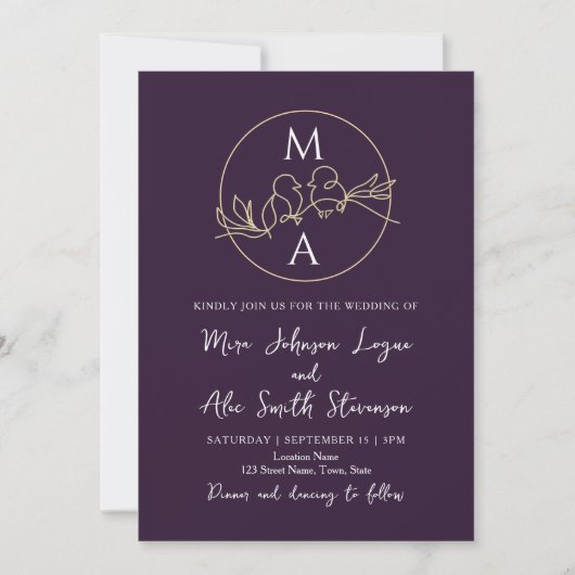 Invitation Mariage Monogramme Violet (Devant)