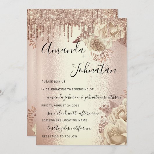 Invitation Mariage Monogrammes gouttes Florals Rose d'ivoire (Devant / Derrière)