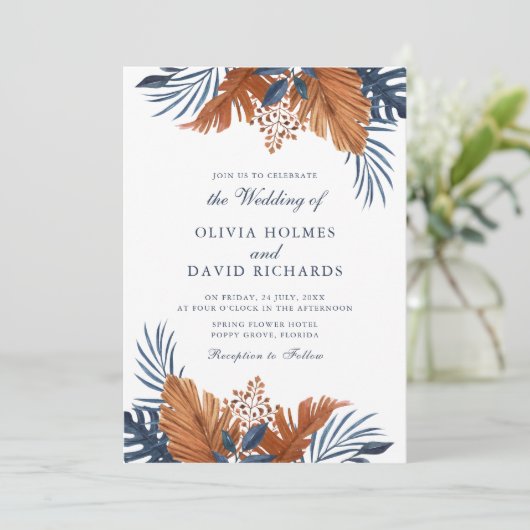 Invitation Mariage Monstera Bleu de minuit (Debout devant)