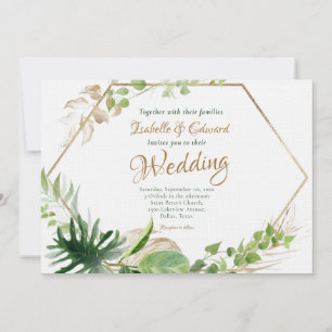 Invitation Mariage Monstera Vert Tropical & Cadre Géométrique