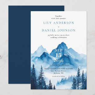 Invitation Mariage Montagne Aquarelle Bleu Bohème Rustique